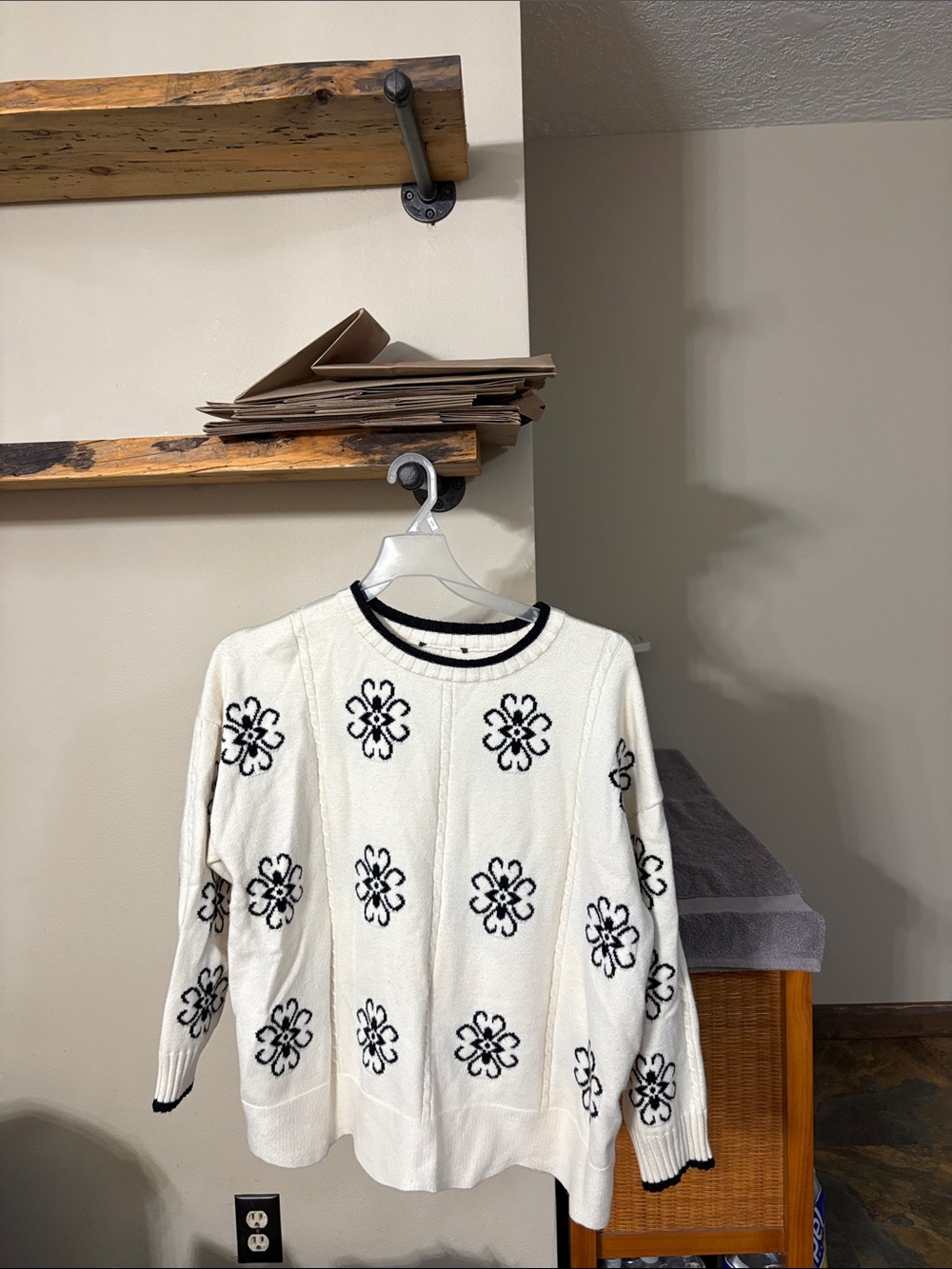 Cream Crewneck Sweater with Black Floral Motifs